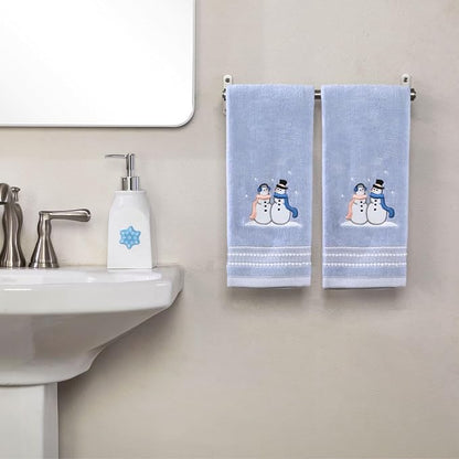 SKL Home Christmas/Winter Glitz Snow Couple Hand Towel Set-2pc, Light Blue | 100% Cotton. Soft, decorative velour with embroidery. For use in the bathroom, kitchen or bar & holiday gifting.