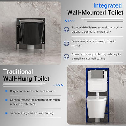 Black Smart Wall Hung Toilet Combo,Auto Flush, Auto Open/Close LId,Heated Seat,Warm Water/Dryer, Modern Elongated Bidet Toilet with In wall Carrier (No need to buy an additional Water Tank)