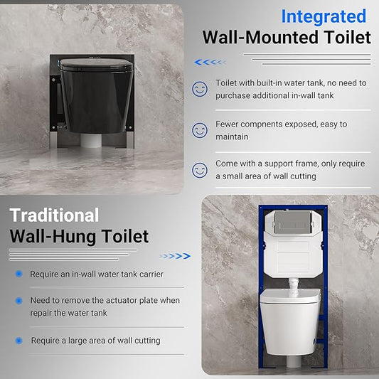 Black Smart Wall Hung Toilet Combo,Auto Flush, Auto Open/Close LId,Heated Seat,Warm Water/Dryer, Modern Elongated Bidet Toilet with In wall Carrier (No need to buy an additional Water Tank)
