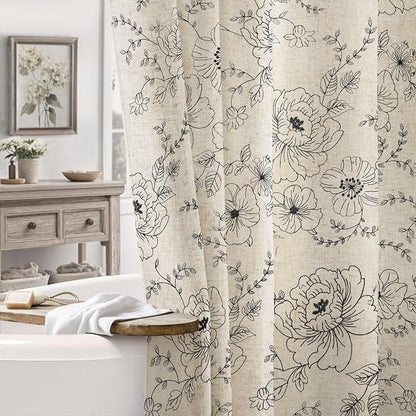 Farmhouse Floral Linen Shower Curtain, Vintage Black Embroidered Pattern Rustic Shower Curtains for Bathroom, Tan Taupe,72x72