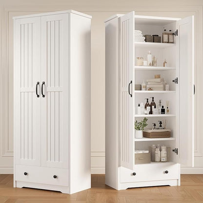 Decofy 70" Tall Storage Cabinet, Large Wood Storage Pantry Cabinets with 6 Adjustable Shelves, 2 Doors & 1 Drawer, Standing Utility Storage Cabinets for Kitchen, Bathroom, Dining Room (Soft White)