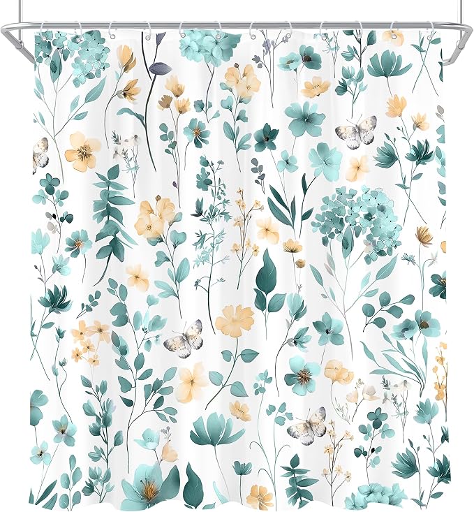 Cute Floral Teal Flower Wildflower Rustic Women Bathroom Shower Curtain Set | 72"W x 72"H Plants Leaves; waterproof HD print, quick-dry fabric and plastic hooks for easy setup.