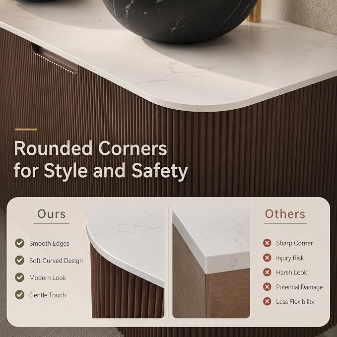 60 Inch Double Sink Bathroom Vanity, Floating Wall Mounted Cabinet, Dark Walnut Curved Fluted Front, Stone Top, Dual Black Marble Vessel Basins, Pre-Assembled