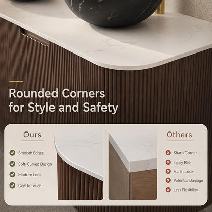 60 Inch Double Sink Bathroom Vanity, Floating Wall Mounted Cabinet, Dark Walnut Curved Fluted Front, Stone Top, Dual Black Marble Vessel Basins, Pre-Assembled