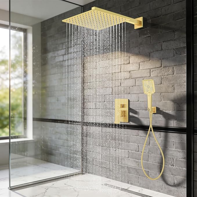 Shower System Modern Rain Brass Faucet Set With Valve and Diverter Shower Mixer With Handheld High Pressure Square Rainfall Shower Valve (12'' Wall Mount, Brushed Gold)