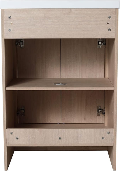 SSLine 24-Inch Bathroom Vanity with Sink Mid-Century Bathroom Vanities with Top Basin Floor Wood Bathroom Sink Cabinet with Soft-Close Doors & Adjustable Storage Shelves (Light Oak)