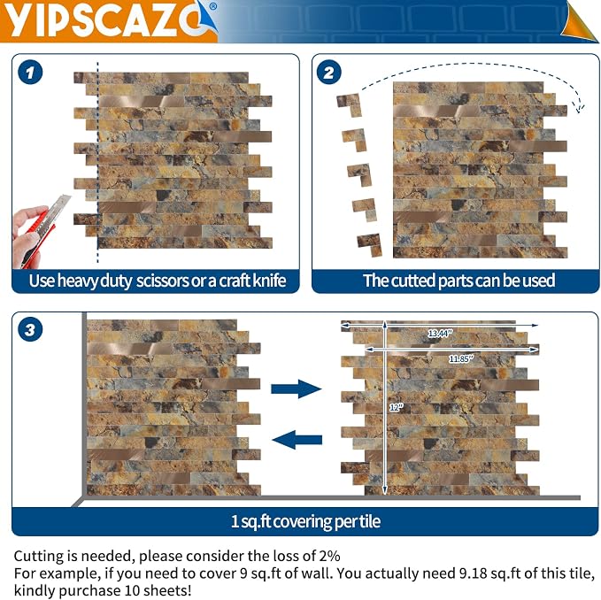 Yipscazo Peel and Stick Stone Metal Backsplash, Stick on Tiles for Backsplash Kitchen (Brown Stone Rock, 10-Pack)