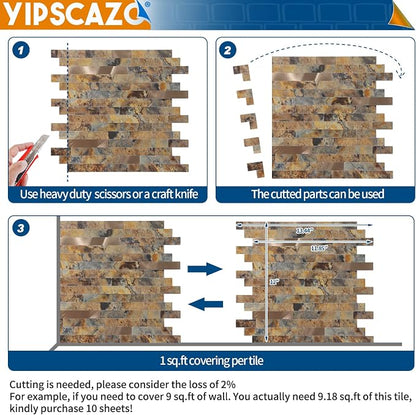 Yipscazo Peel and Stick Stone Metal Backsplash, Stick on Tiles for Backsplash Kitchen (Brown Stone Rock, 5-Pack)