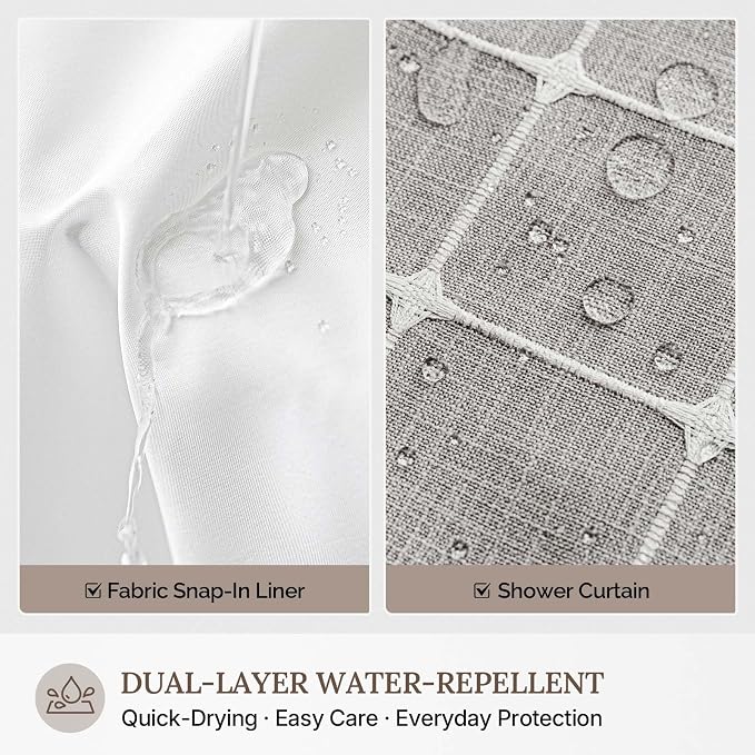 RiverDream Farmhouse No Hooks Shower Curtain with Snap-in Liner,Khaki,71x74 | Snap on Fabric Liner,Heavy Duty,Quick Dry,Mesh Top Window,With Bottom Magnets,Washable,with Tassels,Standard Size