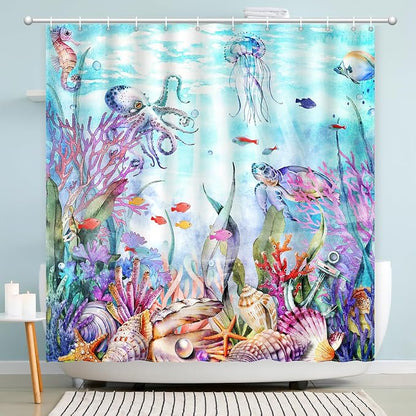 Ocean Shower Curtain, Kids Shower Curtain for Bathroom 72x72 | Marine Life Beach Shower Curtain Set with Hooks Quick-dry Waterproof Machine Washable Bath Curtains