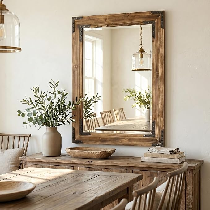 Rustic Brown 24x36 Inch Wood Bathroom Vanity Mirror, Rivets | Farmhouse style, beveled glass edge, rich weathered grain, single-sink bathrooms, hallways and cabin interiors