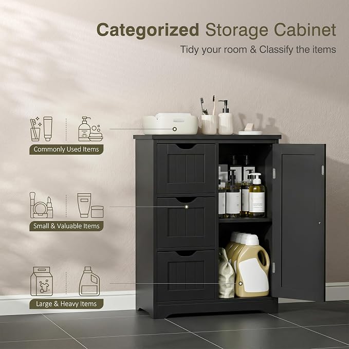 SUPER DEAL Bathroom Storage Cabinet with 3 Drawers and 1 Door, Entryway Home Decor Furniture Towels Storage Organizer Unit, Black
