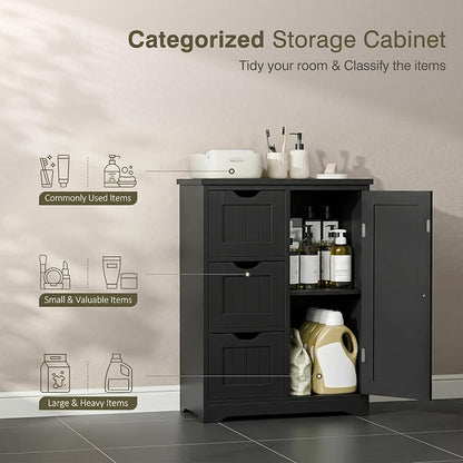 SUPER DEAL Bathroom Storage Cabinet with 3 Drawers and 1 Door, Entryway Home Decor Furniture Towels Storage Organizer Unit, Black