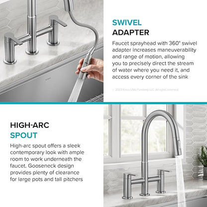 KRAUS Oletto Bridge Kitchen Faucet with Pull-Down Sprayhead in Matte Black, KPF-3122MB