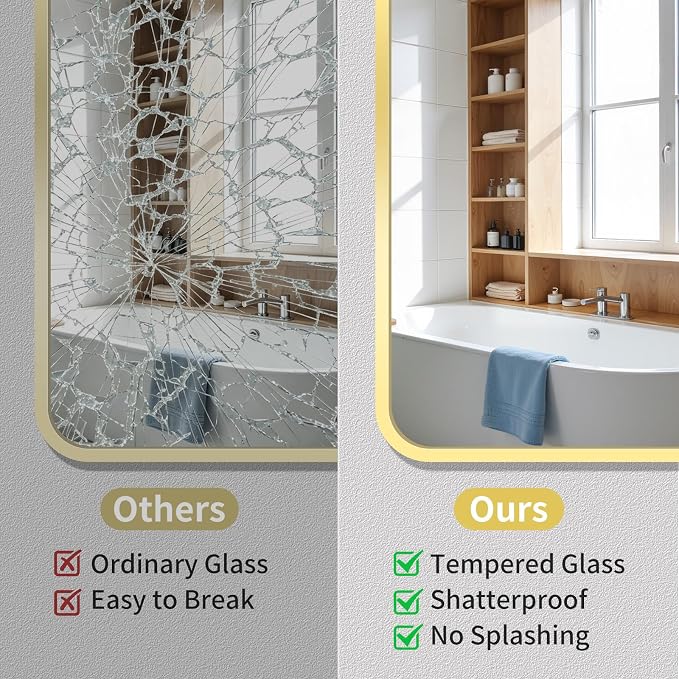 Bathroom Mirror for Wall, 30"x40" Black Bathroom Mirror for Over Sink, Shatterproof Tempered Glass Vanity Mirror with Anti-Rust Aluminum Alloy Frame, Hang Horizontally or Vertically, Gold