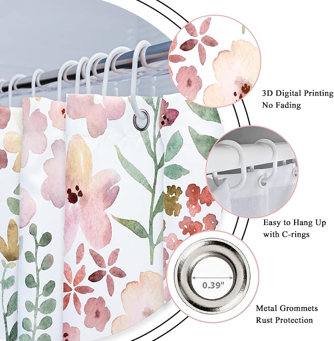 Cute Pink Green Floral Spring Boho Kids Girls Bathroom Shower Curtain Set | 72"W x 72"H Girly Watercolor; waterproof HD print, quick-dry fabric with 12 hooks for easy hanging.