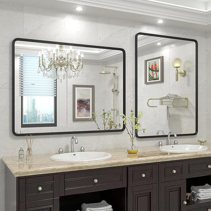 48x30 Black Bathroom Mirror | Matte Metal Framed Vanity Mirror, Rounded Rectangle Mirror, Anti-Rust, Shatterproof (Horizontal/Vertical)