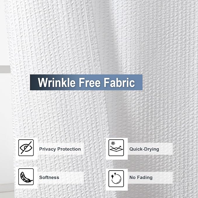 White Shower Curtain for Bathroom 72 Inches Long, 3D Embossed Textured Fabric Farmhouse Shower Curtain Soft Cloth, Water Repellent, Machine Washable, Hotel Style, 60" W x 72" L, White