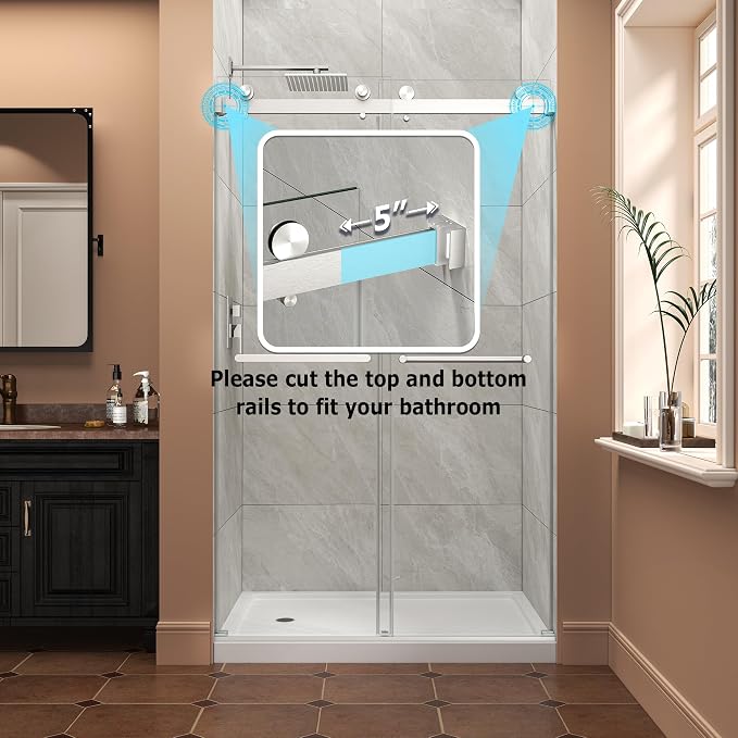 43"-48" W x 76" H Frameless Shower Door,Sliding Shower Door with 5/16"(8MM) SGCC Clear Tempered Glass,Reversible Installation,Nano Explosion-Proof Film,Waterproof Strip,for Bathroom,Brushed Nickel
