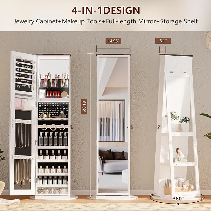 61" LED Mirror Jewelry Cabinet, 360° Rotating Jewelry Armoire with Full Length Mirror, Lockable Standing Jewelry Organizer with 2 Drawers, Interior Makeup Mirror, White