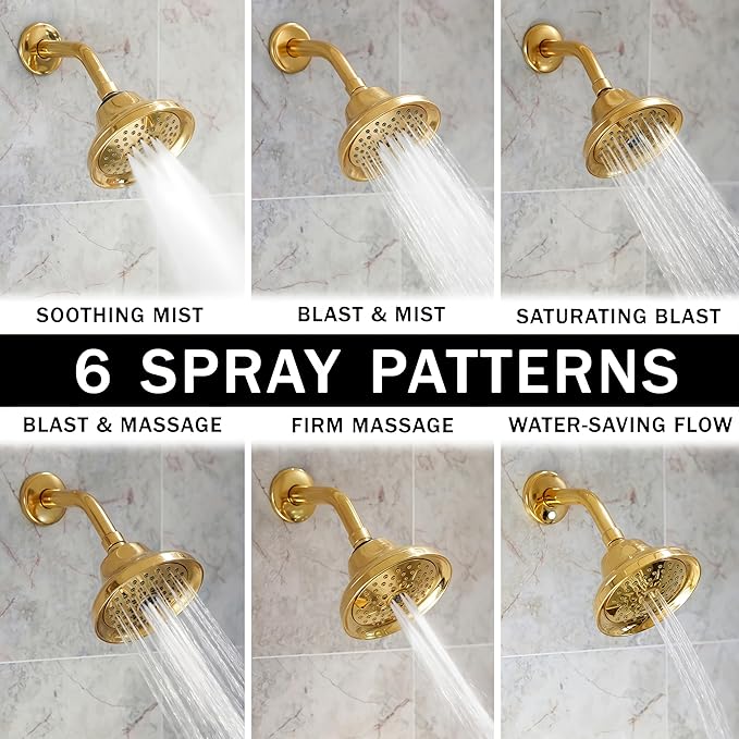 Aqua Elegante Massage Shower Head With Mist - 1.8 GPM - Polished Brass | High Pressure Boosting, 6 Function Adjustable Massaging Rainfall Showerhead For Low Flow Baths With Water Saving Nozzles
