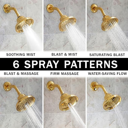 Aqua Elegante Massage Shower Head With Mist - 1.8 GPM - Polished Brass | High Pressure Boosting, 6 Function Adjustable Massaging Rainfall Showerhead For Low Flow Baths With Water Saving Nozzles