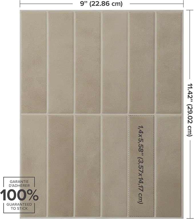 Smart Tiles Peel and Stick backsplash, Stacked Taupe Beige, 11.43"x9" | Pack of 5 (3.5 sq ft), Matte, Heat/Moisture Resistant, Low VOC, Kitchen/Bathroom, Renter Friendly, Made in Canada