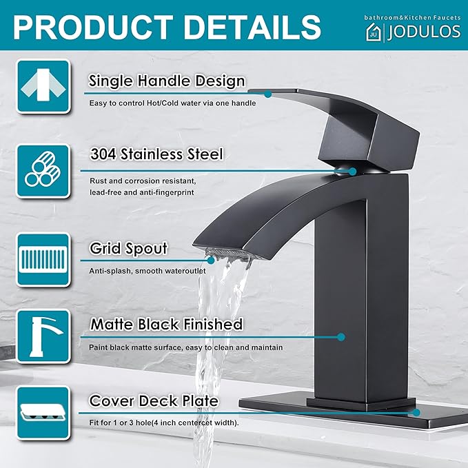 Black Bathroom Faucet, Stainless Steel Bathroom Sink Faucet Single Hole, Lead-Free Vanity Faucet for Bathroom with cUPC Supply Hose and Pop Up Stopper JU-BS100-BK
