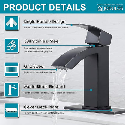 Black Bathroom Faucet, Stainless Steel Bathroom Sink Faucet Single Hole, Lead-Free Vanity Faucet for Bathroom with cUPC Supply Hose and Pop Up Stopper JU-BS100-BK
