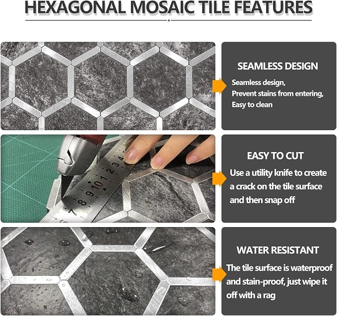 STICKGOO Hexagon Peel and Stick Backsplash Tile, Stick on Backsplash for Kitchen and Bathroom, Black Slate Look PVC Mixed Metal Silver Self Adhesive Wall Tiles(10 Sheets, Seamless)