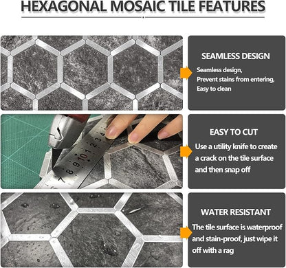STICKGOO Hexagon Peel and Stick Backsplash Tile, Stick on Backsplash for Kitchen and Bathroom, Black Slate Look PVC Mixed Metal Silver Self Adhesive Wall Tiles(10 Sheets, Seamless)