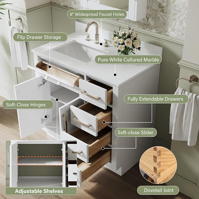 36-Inch Bathroom Vanity with Sink W/ 2 Doors & 4 Drawers & 1 Flip Drawer, White Vanity W/Brushed Nickel Handles