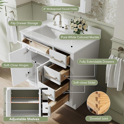 36-Inch Bathroom Vanity with Sink W/ 2 Doors & 4 Drawers & 1 Flip Drawer, White Vanity W/Brushed Nickel Handles