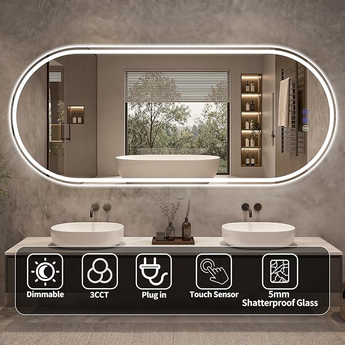 Oval LED Bathroom Mirror, 24"x 65" Led Full Length Mirror | Frameless Large LED Mirror with Front Light & Backlit, Anti-Fog, Dimmable Wall Mounted Lighted Mirror, Smart Bathroom Mirror