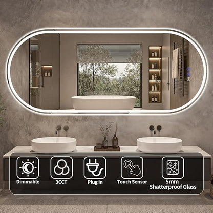 Oval LED Bathroom Mirror, 24"x 65" Led Full Length Mirror | Frameless Large LED Mirror with Front Light & Backlit, Anti-Fog, Dimmable Wall Mounted Lighted Mirror, Smart Bathroom Mirror