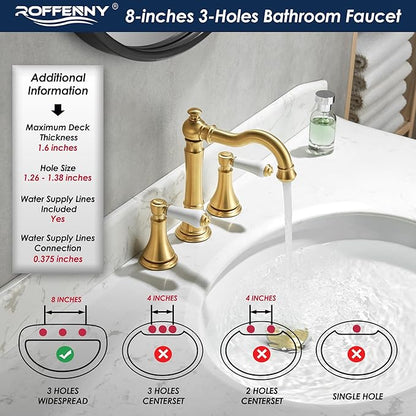 Porcelain Brushed Gold Bathroom Faucet 8 inch Widespread for 3 Holes with Plastic Pop-Up Drain & 2Pcs Water Supply Lines, Classical 2-Handle Gold Vanity Sink Faucets, 360° Swivel Brass Spout