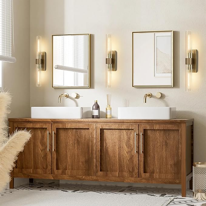 Brass Wall Sconces, Bathroom Wall Sconce, 22.8" Gold Wall Sconces, 2-Light Dimmable Wall Sconce, Sconces Wall Lighting with Glass, Vanity Light Tube Sconce for Bedroom Living Room, Hallway