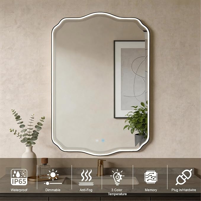 POZINO 40"x24" Scalloped LED Bathroom Mirror with Lights, Black Metal Frame | Beveled Edge, 3 Color Dimmable, Anti-Fog, Memory Function, IP65 Waterproof, Smart Bathroom Vanity Mirror with Front Lights