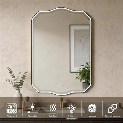 POZINO 40"x24" Scalloped LED Bathroom Mirror with Lights, Black Metal Frame | Beveled Edge, 3 Color Dimmable, Anti-Fog, Memory Function, IP65 Waterproof, Smart Bathroom Vanity Mirror with Front Lights