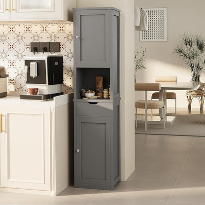 Shintenchi Tall Bathroom Storage Cabinet, Slim Corner Floor Cabinet with Doors and Drawer, Freestanding Narrow Bathroom Organizer with Adjustable Shelves for Small Space, Gray