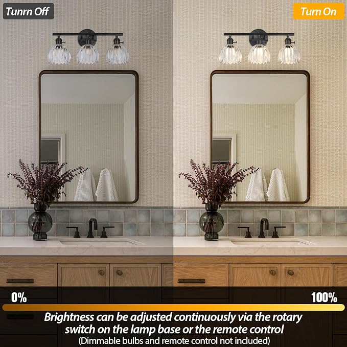 Matte Black 3 Light Bathroom Vanity Light,18.8in Modern Bathroom Lighting Fixtures Over Mirror with Tulip Crystal Glass Shade,Vintage Vanity Lights for Bathroom for Living Room（not include Bulbs)
