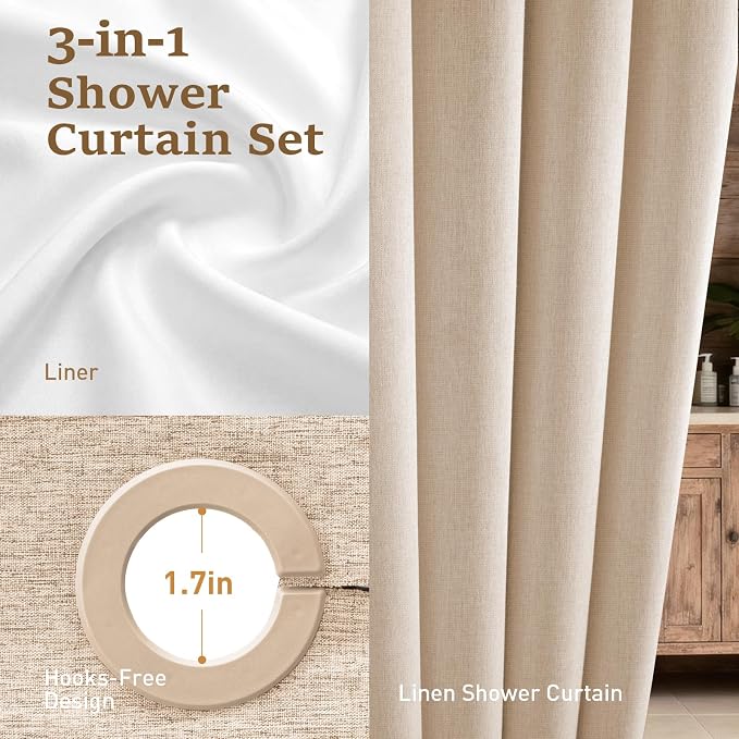 Tan Ringless Linen Textured Shower Curtain with Snap in Liner, 72x75 | 3 in 1 Hotel Shower Curtain Set, Removable Liner, Waterproof & Washable, Mesh Top Window, Durable Fabric, Easy to Install