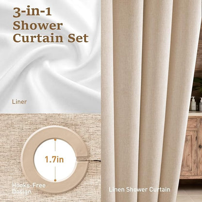 Tan Ringless Linen Textured Shower Curtain with Snap in Liner, 72x75 | 3 in 1 Hotel Shower Curtain Set, Removable Liner, Waterproof & Washable, Mesh Top Window, Durable Fabric, Easy to Install