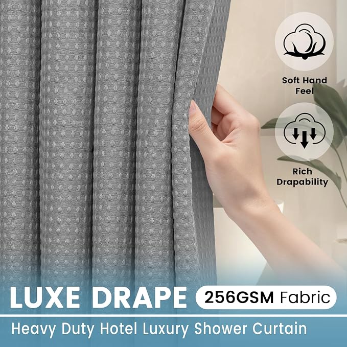EUTXL Heavyweight No Hook Shower Curtain with Liner, Grey,71x86 | Snap in Liner, 256GSM Thick Waffle Fabric, Hotel Luxury Spa, Corner Magnets, Quick Dry, Waterproof & Washable, Extra Long