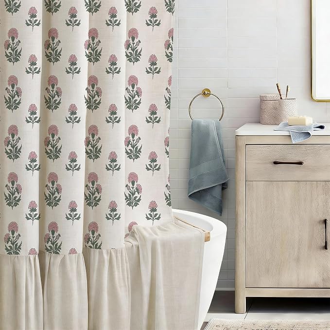 ORTIGIA Linen Textured Ruffle Shower Curtain with Metal Hooks, Vintage Pink Floral Block Print Boho Waterproof Bath Curtain for Rustic Farmhouse Bathroom Decor 72x72 Inch