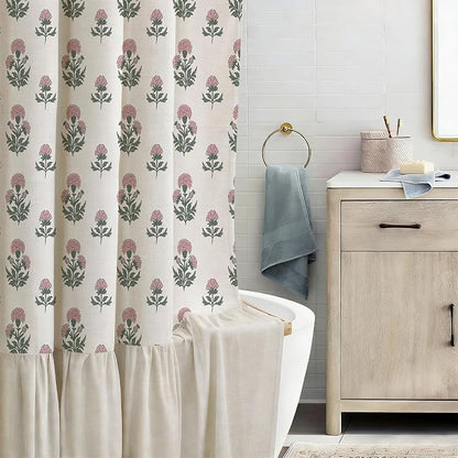 ORTIGIA Linen Textured Ruffle Shower Curtain with Metal Hooks, Vintage Pink Floral Block Print Boho Waterproof Bath Curtain for Rustic Farmhouse Bathroom Decor 72x72 Inch