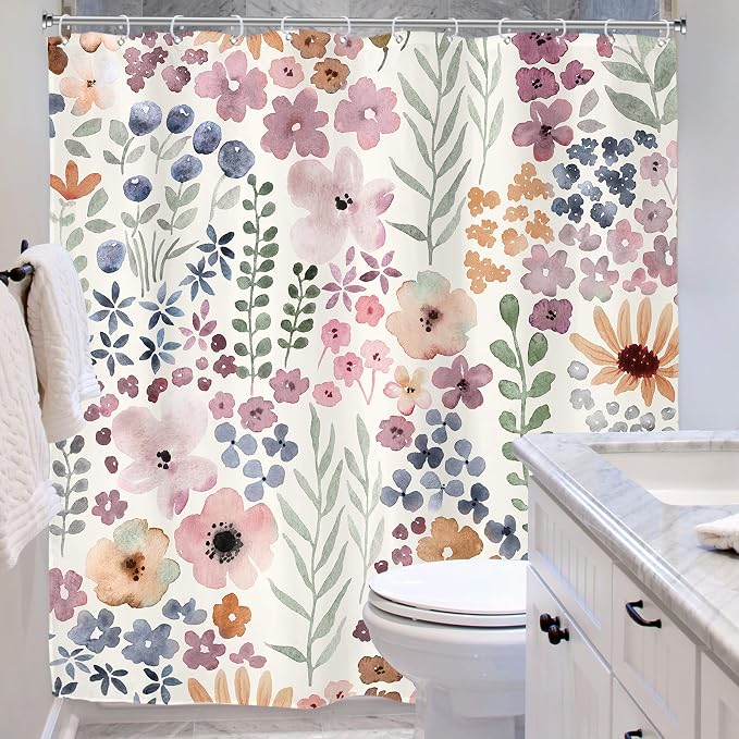 Extra Long Cute Floral Flower Watercolor Rustic Bathroom Shower Curtain Set | 72"W x 78"H Botanical Girls; waterproof HD print, quick-dry fabric with 12 hooks for easy hanging.