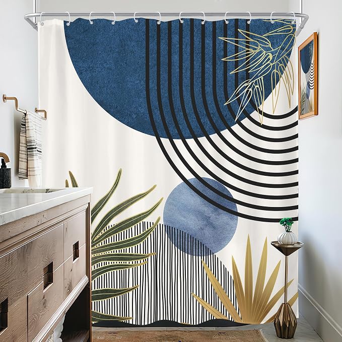 Mid Century Blue Green Boho Abstract Modern Bathroom Shower Curtain Set | 72Wx78H Sun Arch design, waterproof HD print with fast-drying fabric and 12 hooks.