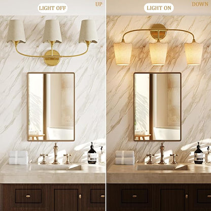 Morauroral Bathroom Light Fixtures, 3 Light Gold Vanity Light for Bathroom, Modern Sconce Wall Light with Scalloped Linen Fabric Shade, Rustic Vanity Light Fixtures for Mirror, Living Room(ETL Listed)