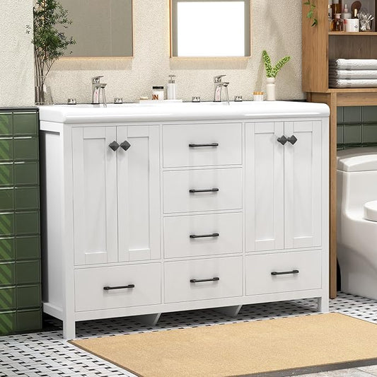 48 Inch Bathroom Vanity with Sink, White Bathroom Vanity Cabinet with Doulble Sink, Bath Vanities with 4 Doors and 5 Drawers, 20" D x 48" W x 36" H